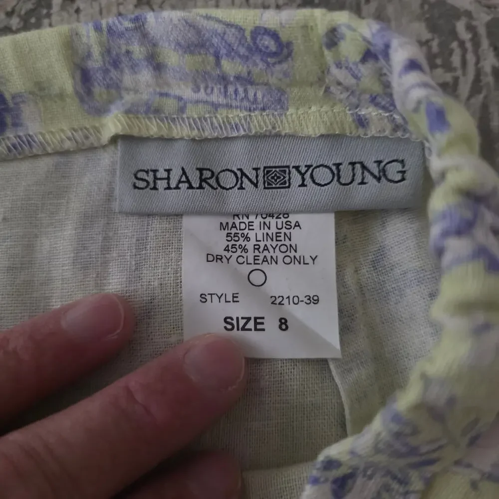 Sharon Young Vintage Yellow & Purple Toile Print Linen Blend Skirt Size 8